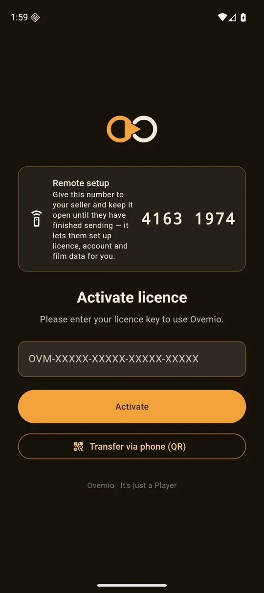 Activate licence &mdash; at the top the &ldquo;Remote setup&rdquo; card with this device&rsquo;s number.