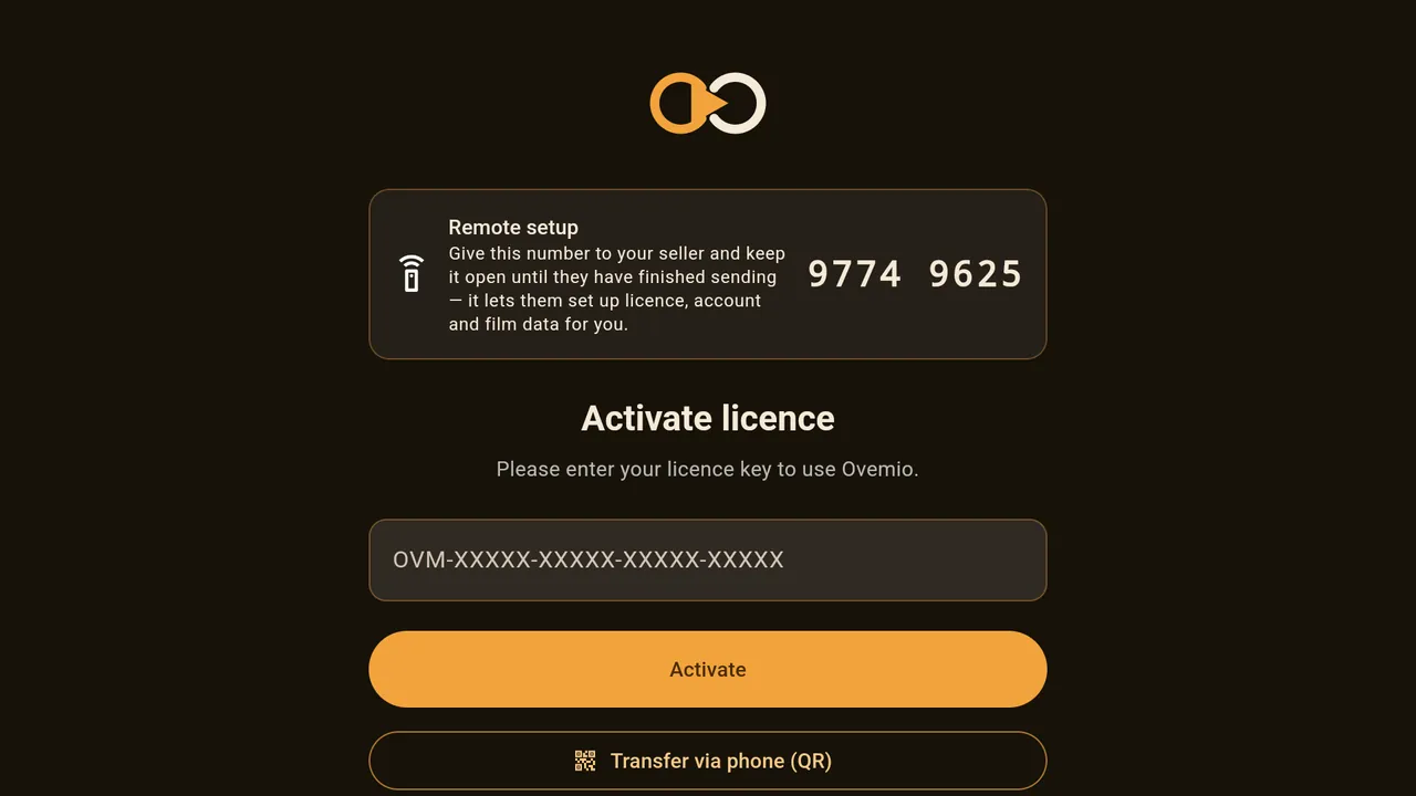 Activate licence &mdash; at the top the &ldquo;Remote setup&rdquo; card with this device&rsquo;s number.