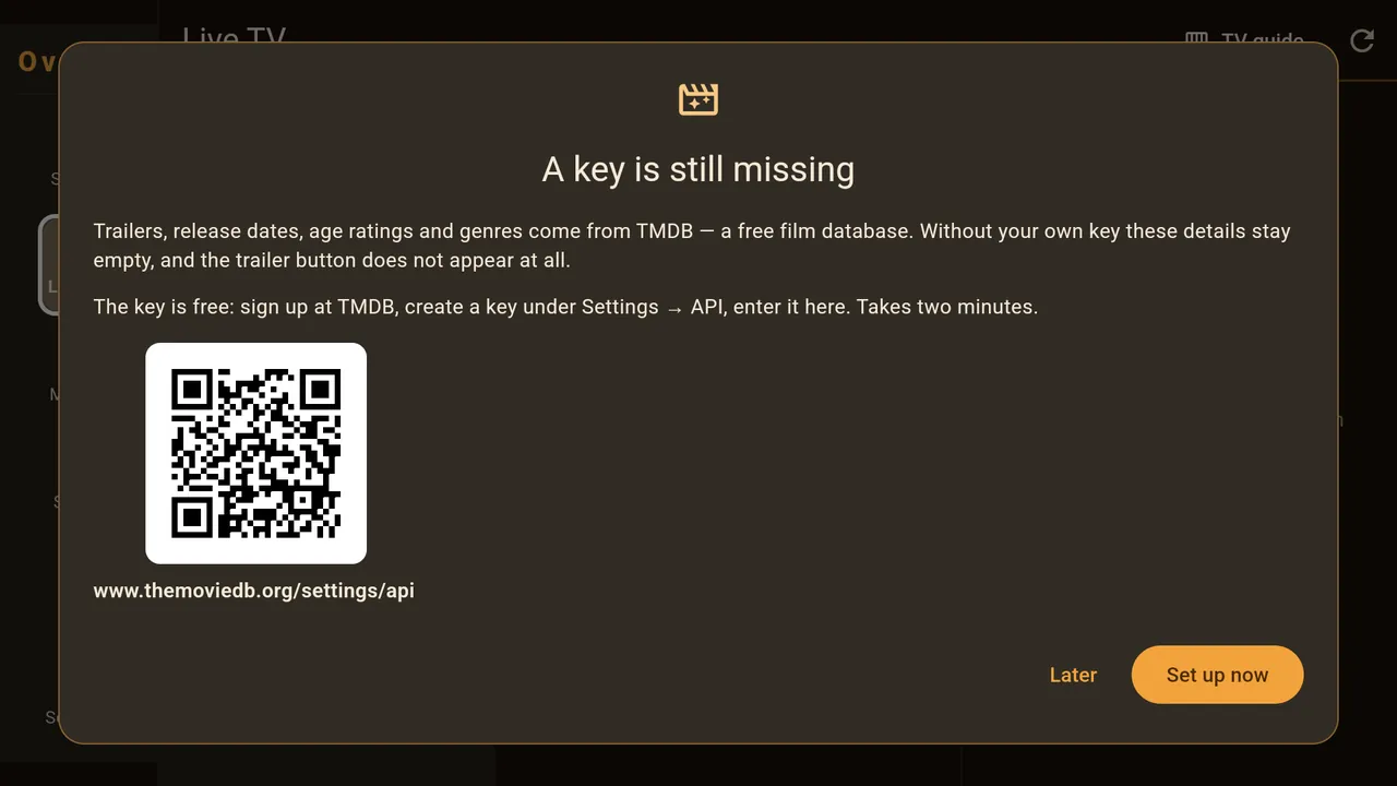 &ldquo;Later&rdquo; closes the notice, &ldquo;Set up now&rdquo; takes you to where you enter the key.